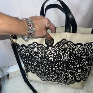 Tory Burch Black Lace and Cream Tote